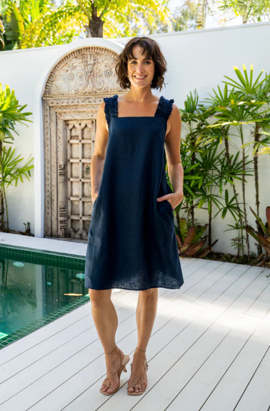 See Saw Square Neck Navy Linen Dress