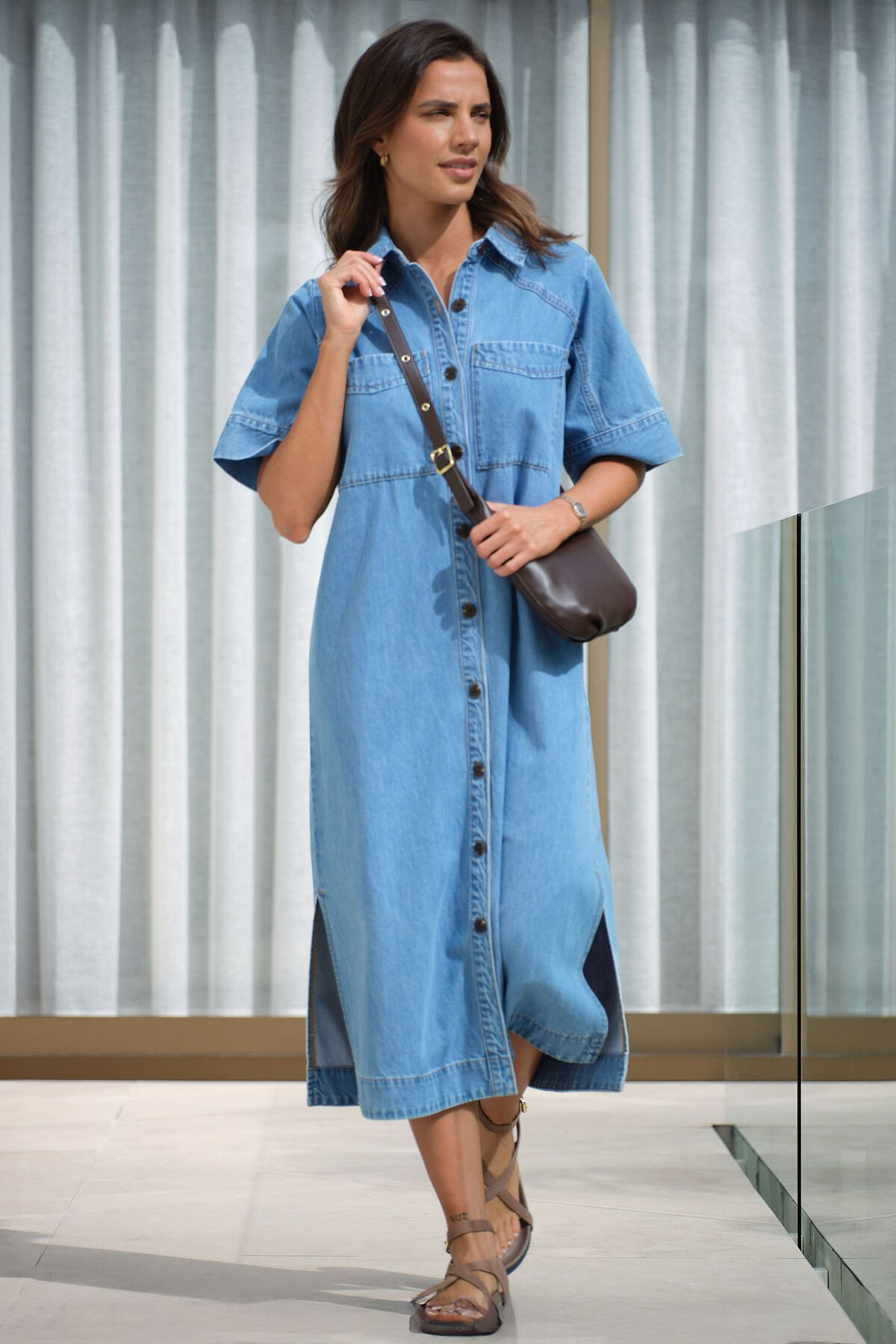 Ceres Life Short Sleeve Yoke Detail Midi Dress Vintage Blue