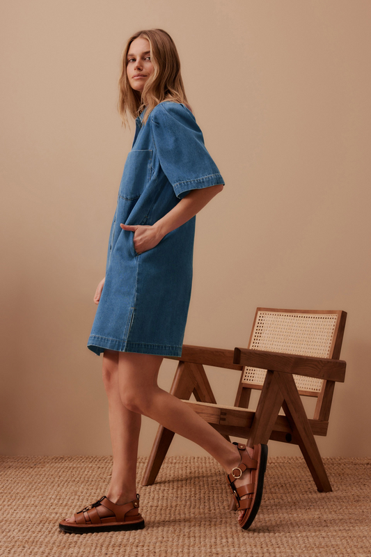 Ceres Life Dylan Pleat Sleeve Boxy Dress - Fresh Indigo