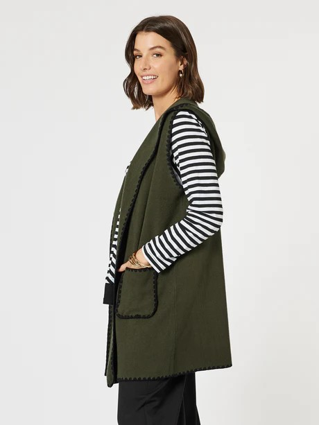 Threadz Cosy Contrast Detail Hooded Vest - Khaki