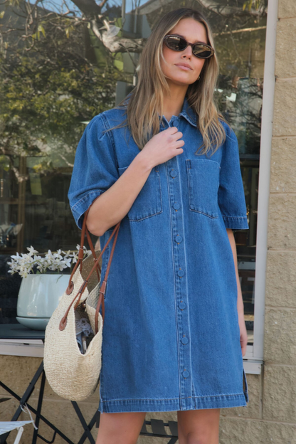 Ceres Life Dylan Pleat Sleeve Boxy Dress - Fresh Indigo