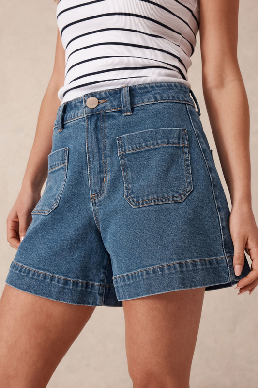 Ceres Life Esther Denim Patch Pocket Short - Fresh Indigo