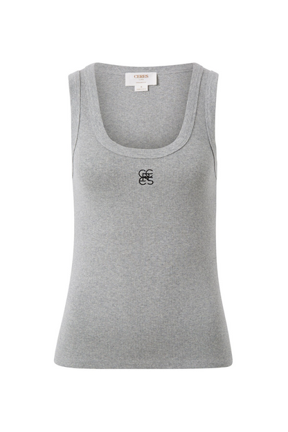 Ceres Life Zoe Contour Rib Scoop Tank Grey Marle/Black Embroidery