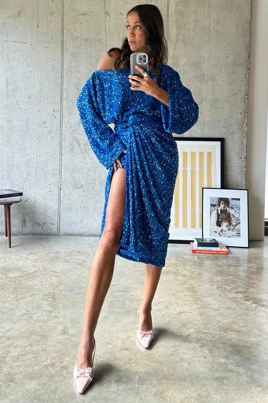 Never Fully Dressed  Blue Sequin Jasper Wrap Skirt