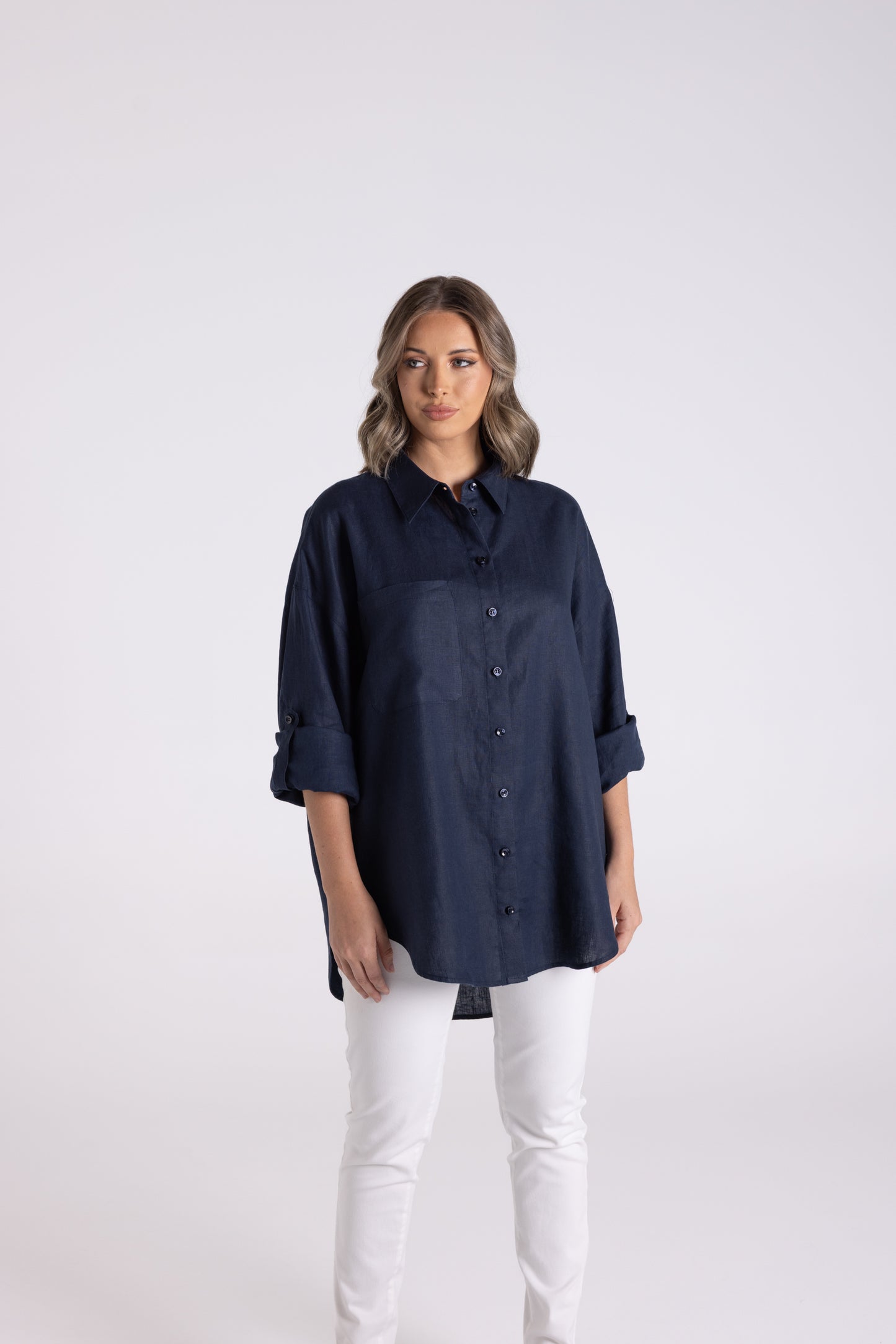 Two T's Oversized Navy Linen Shirt