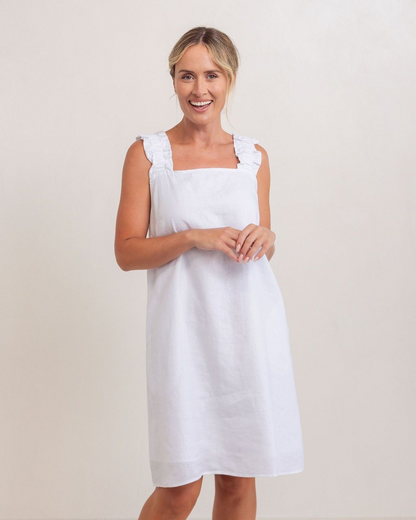 See Saw 100% Linen Square Neck Dress White