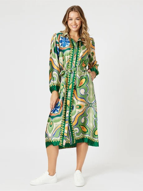Threadz Brooklyn Print Button Dress Khaki Multi