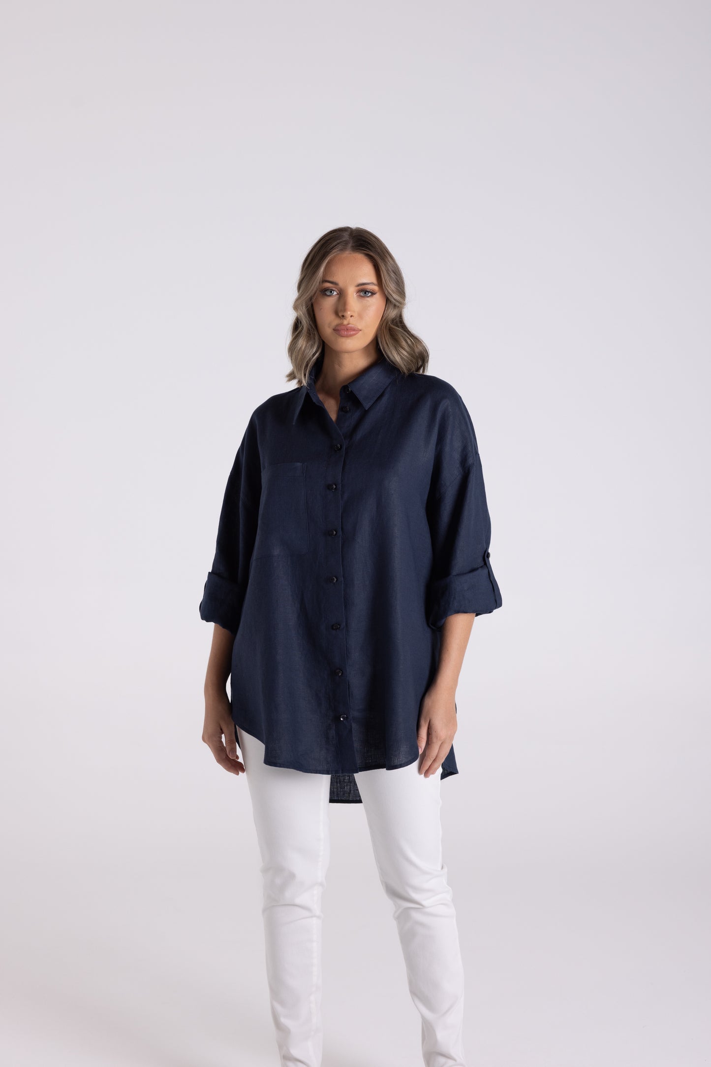 Two T's Oversized Navy Linen Shirt