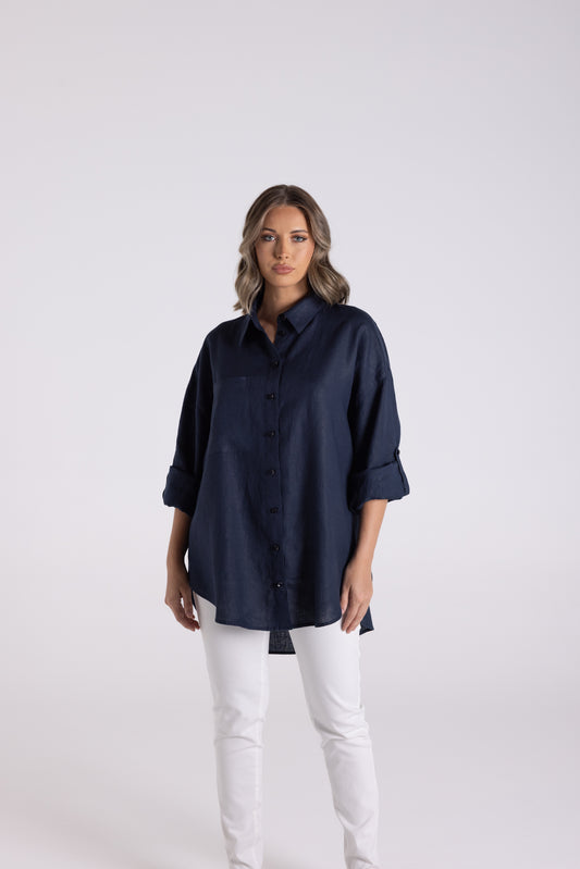 Two T's Oversized Navy Linen Shirt
