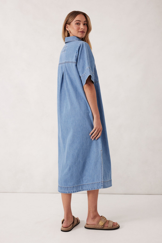 Ceres Life Short Sleeve Yoke Detail Midi Dress Vintage Blue
