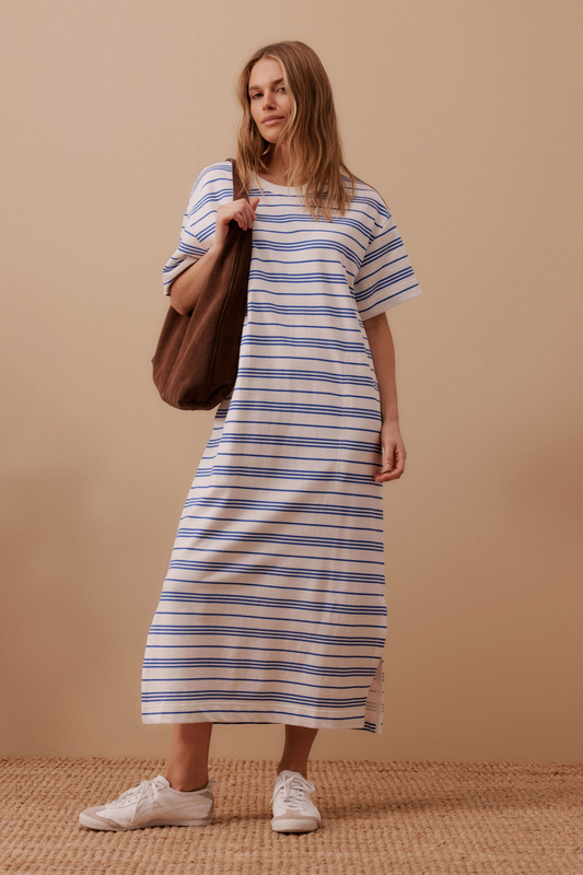 Ceres Life Charlotte Midi Terry Dress - White Azzure Blue Stripe