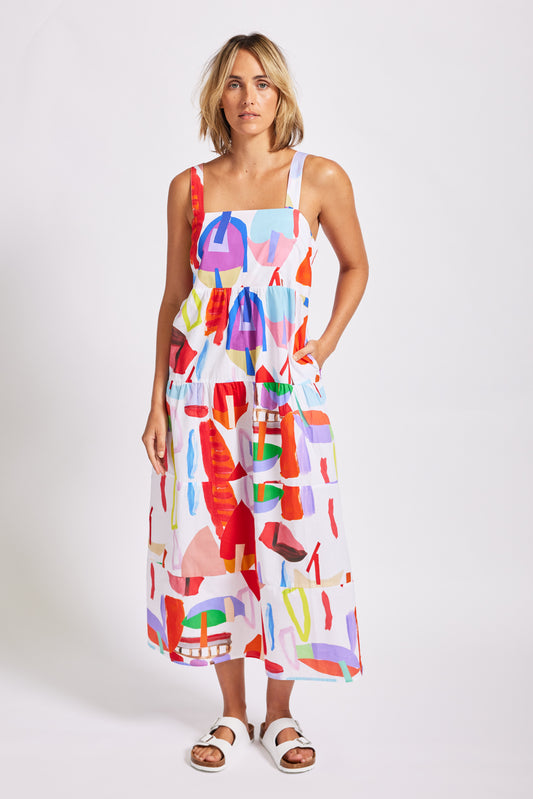Wear Colour Sailboat Print Cotton Tiered Dress