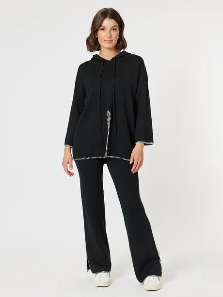 Threadz Cosy Hooded Split Front Knit Black