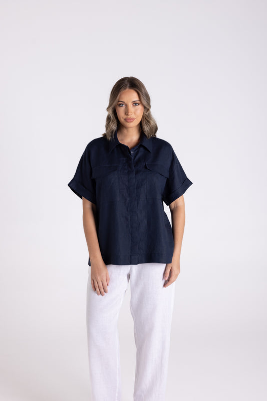 Two T's Dropped Shoulder Oversized Linen Shirt FRENCH NAVY