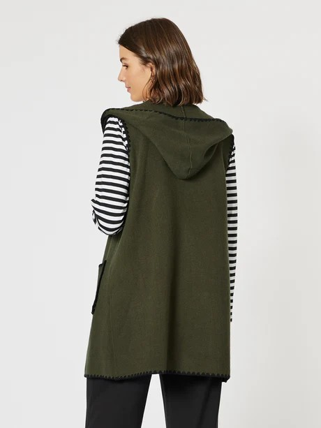 Threadz Cosy Contrast Detail Hooded Vest - Khaki
