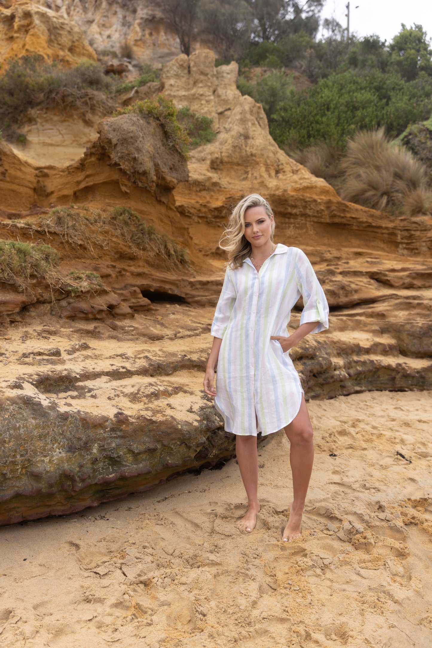 Two T's Multistripe Linen Shirt Dress