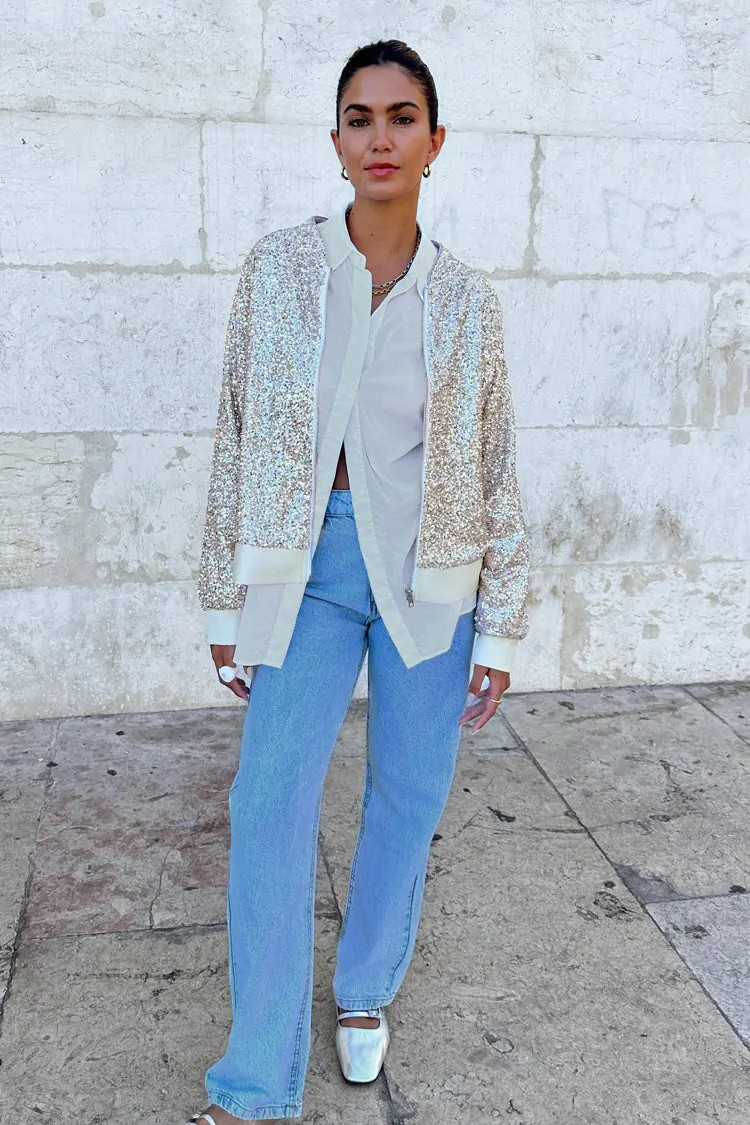 Never Fully Dressed Silver Sequin Bomber Jacket