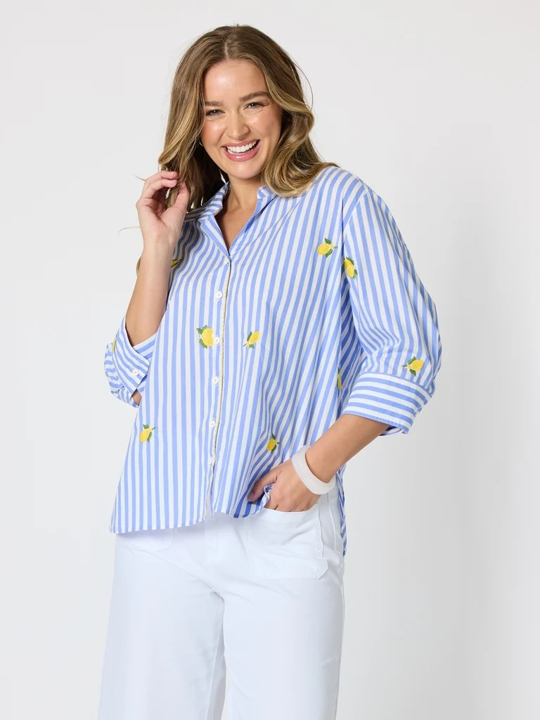 Threadz Spritz Embroidered Stripe Print Shirt - Blue/White
