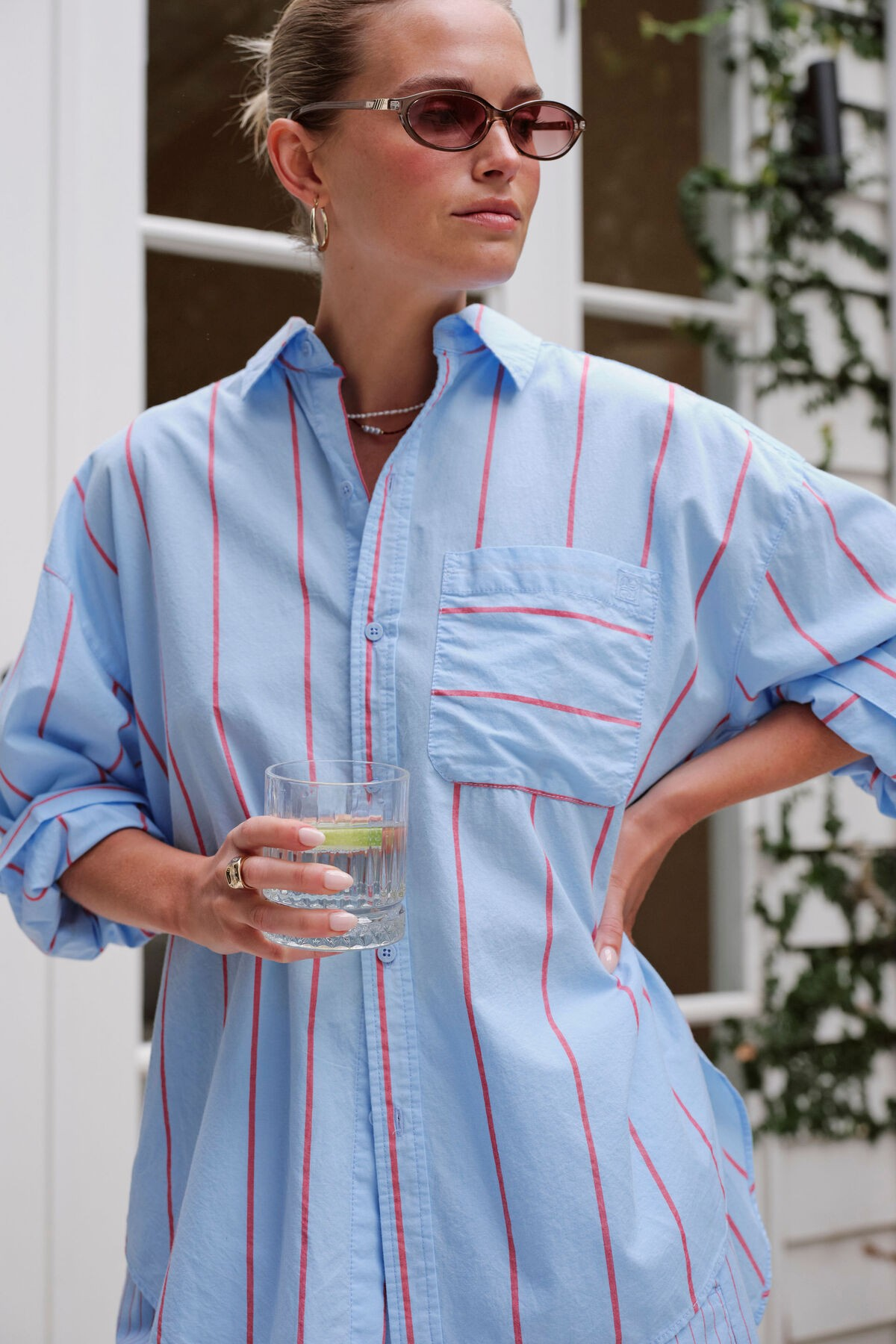 Ceres Life Peta Oversized Shirt - Fresh Blue/Red Mini Stripe