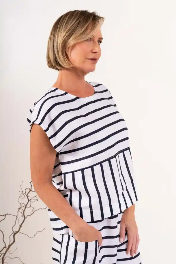 See Saw 100% Linen Cap Sleeve Top - Navy/White Stripe