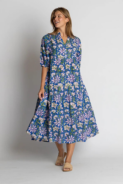 Blue Floral IBSA Minnesota Midi Dress with Sleeves