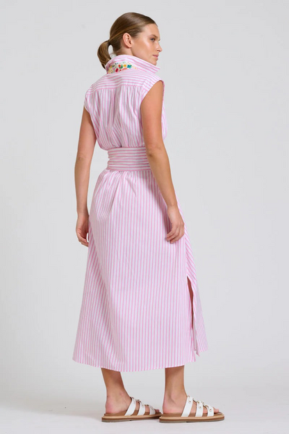 Shirty Sloane Oversized Sleeveless Shirt Dress - White with Pink Stripe Floral Trim