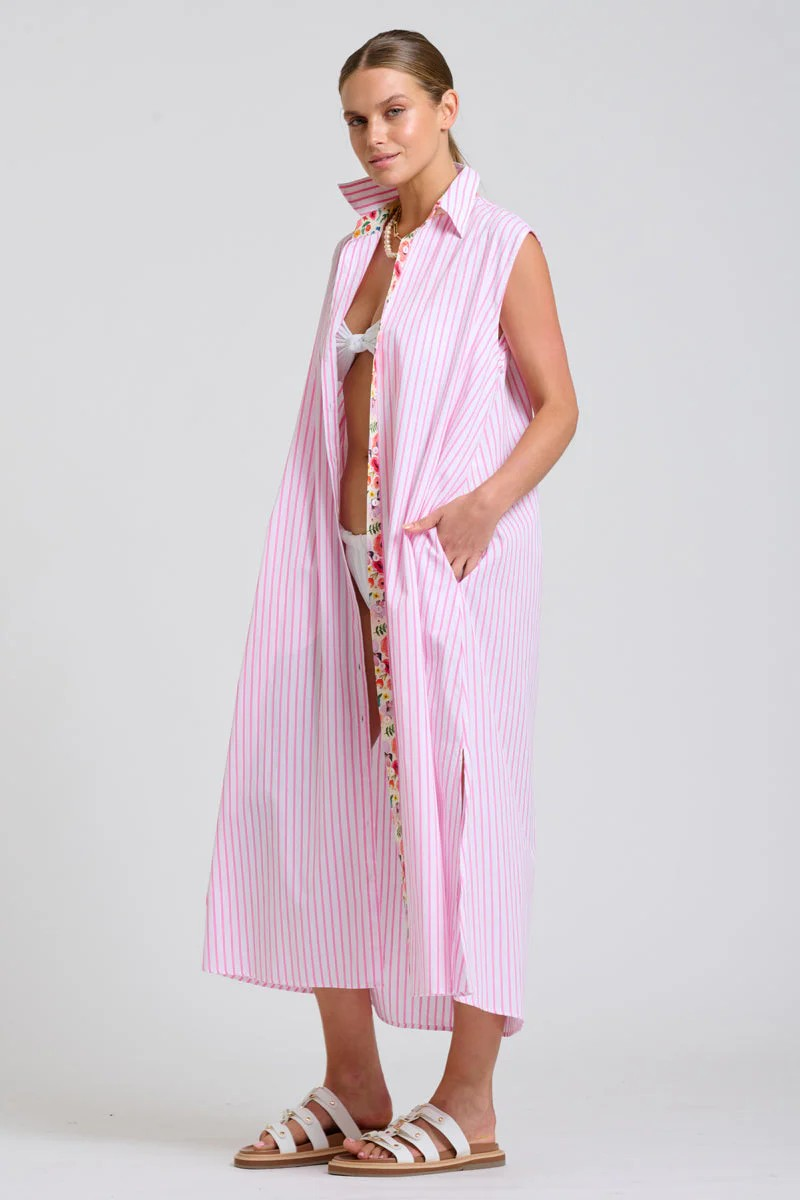 Shirty Sloane Oversized Sleeveless Shirt Dress - White with Pink Stripe Floral Trim