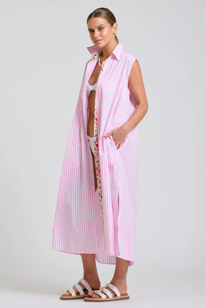 Shirty Sloane Oversized Sleeveless Shirt Dress - White with Pink Stripe Floral Trim