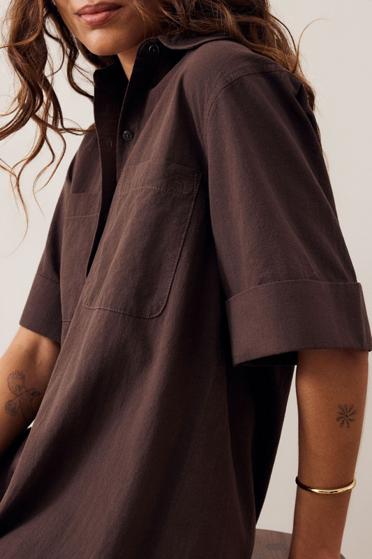 Brown cotton midi shirt dress button front