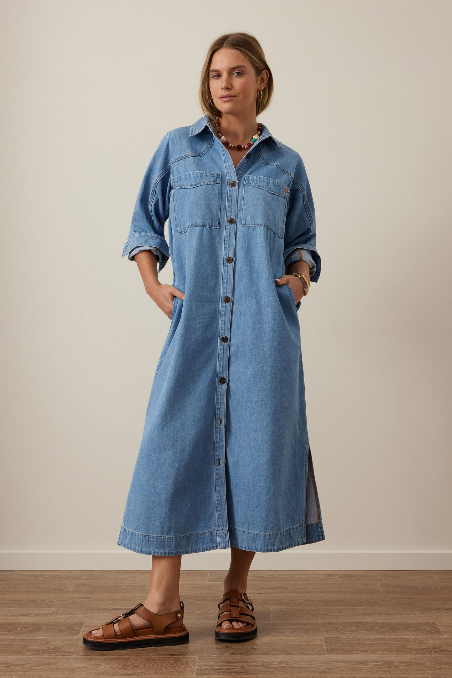 Ceres Life Rae Long Sleeve Midi Dress New Vintage Blue