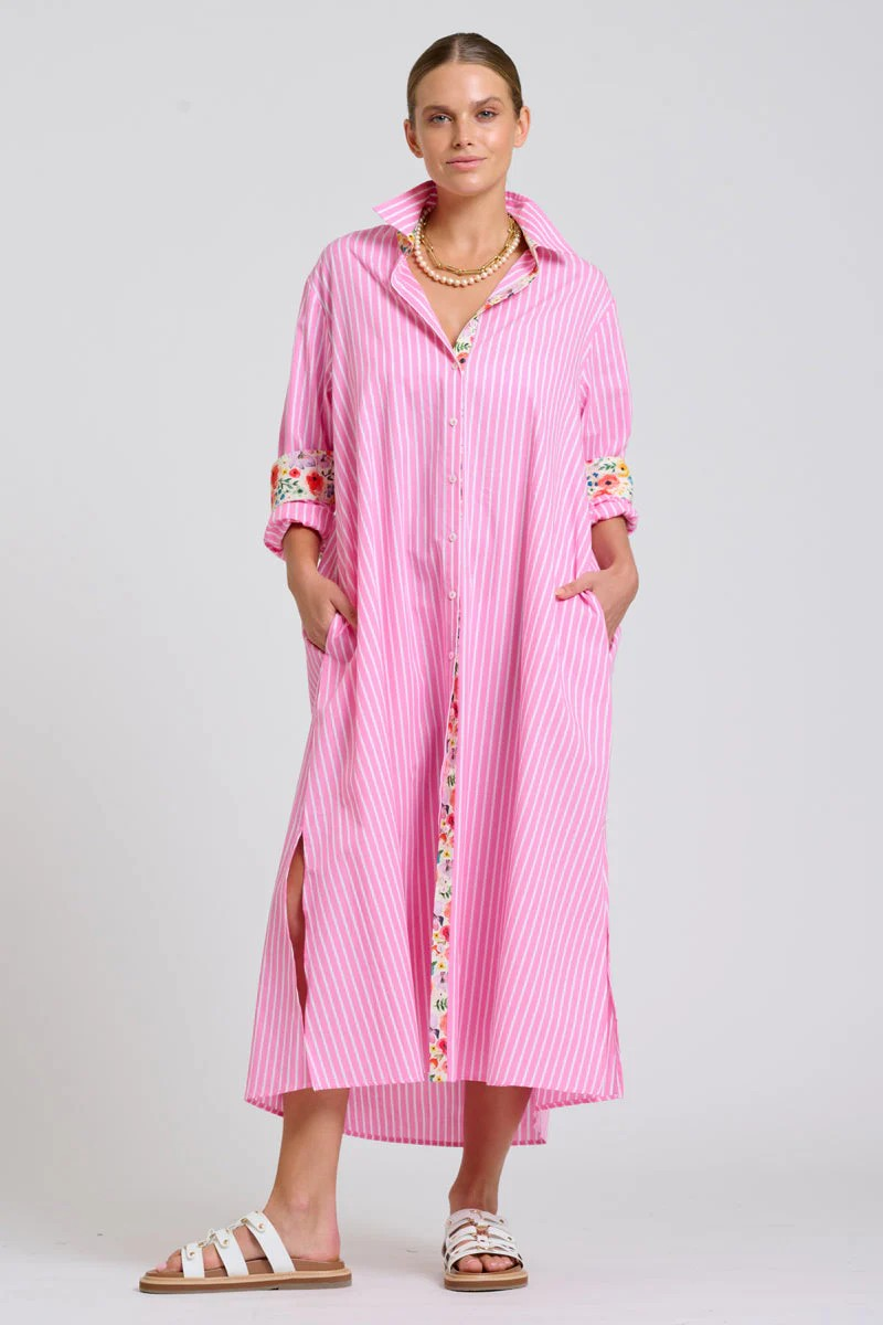 Shirty Luna Oversized Long Line Shirt Dress - Pink Stripe Floral Trim