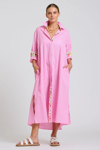 Shirty Luna Oversized Long Line Shirt Dress - Pink Stripe Floral Trim