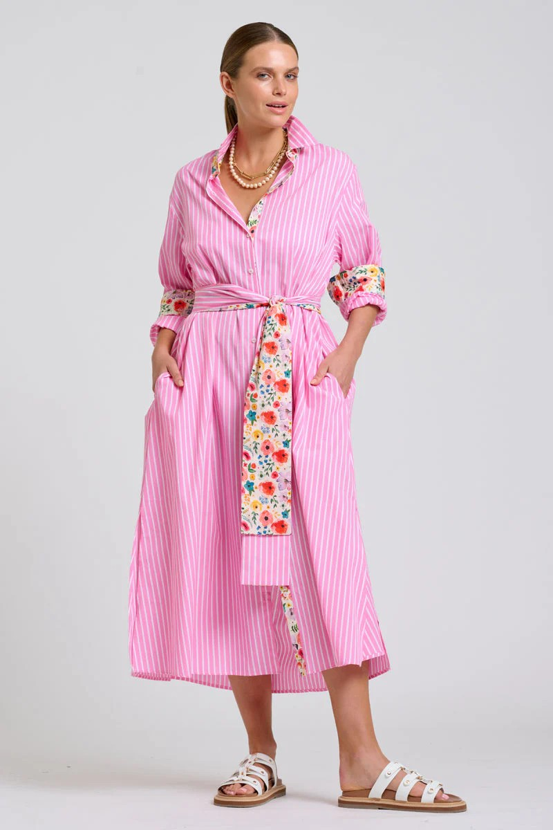 Shirty Luna Oversized Long Line Shirt Dress - Pink Stripe Floral Trim