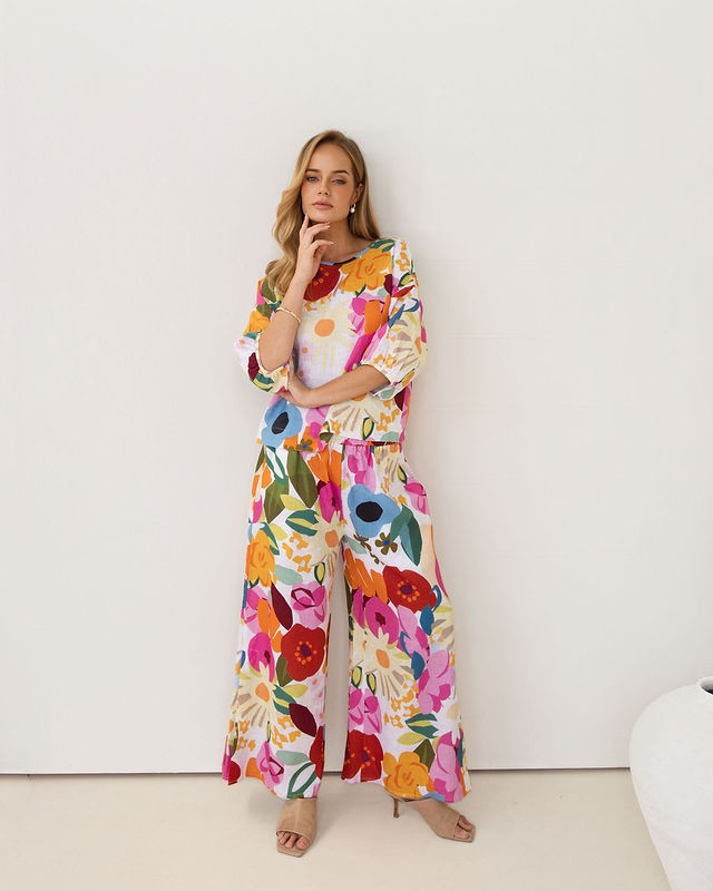 Kaleido 100% Linen Elastic Waist Split Leg Pant - Bloom Burst