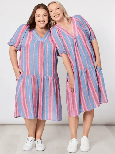 Threadz Bloom Stripe Dress Indigo Pink