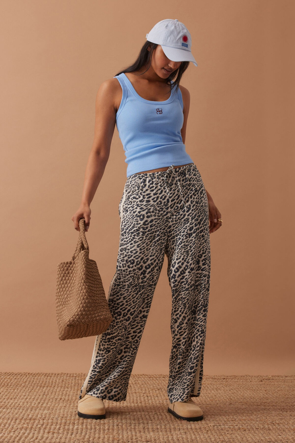 Ceres Life Zoe Contour Rib Scoop Tank- powder blue/ monogram embroidery