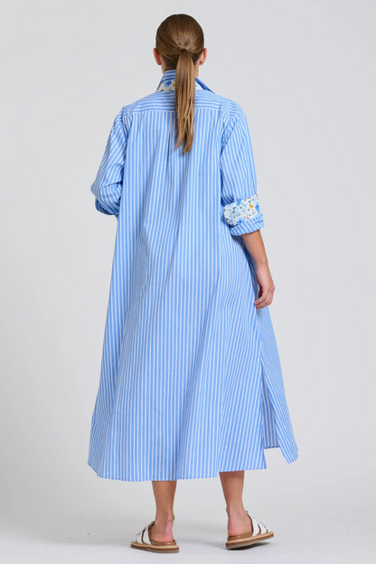 Shirty Luna Oversized Long Line Shirt Dress - Blue Stripe Floral Trim