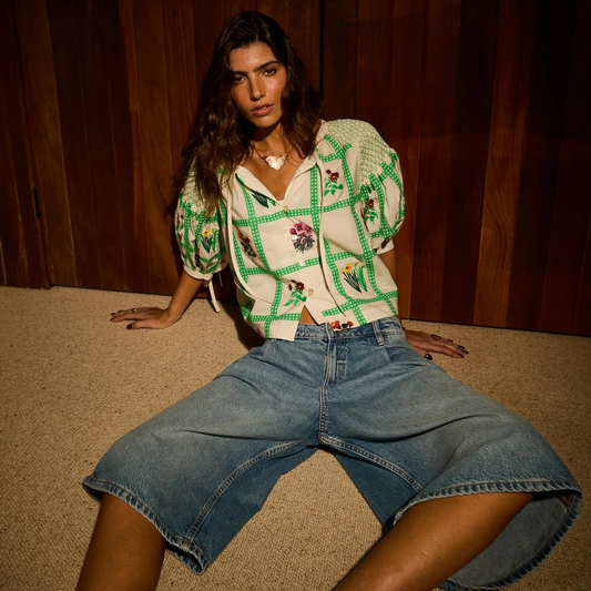 Cream and Green Floral Embroidered Cropped Blouse | Sterling Belle