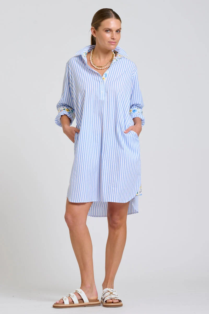 Shirty Popover Shirtdress - White with Blue Stripe Floral Trim