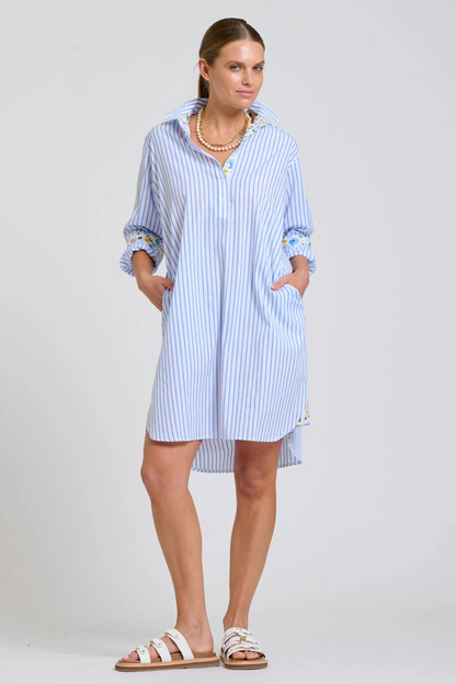 Shirty Popover Shirtdress - White with Blue Stripe Floral Trim