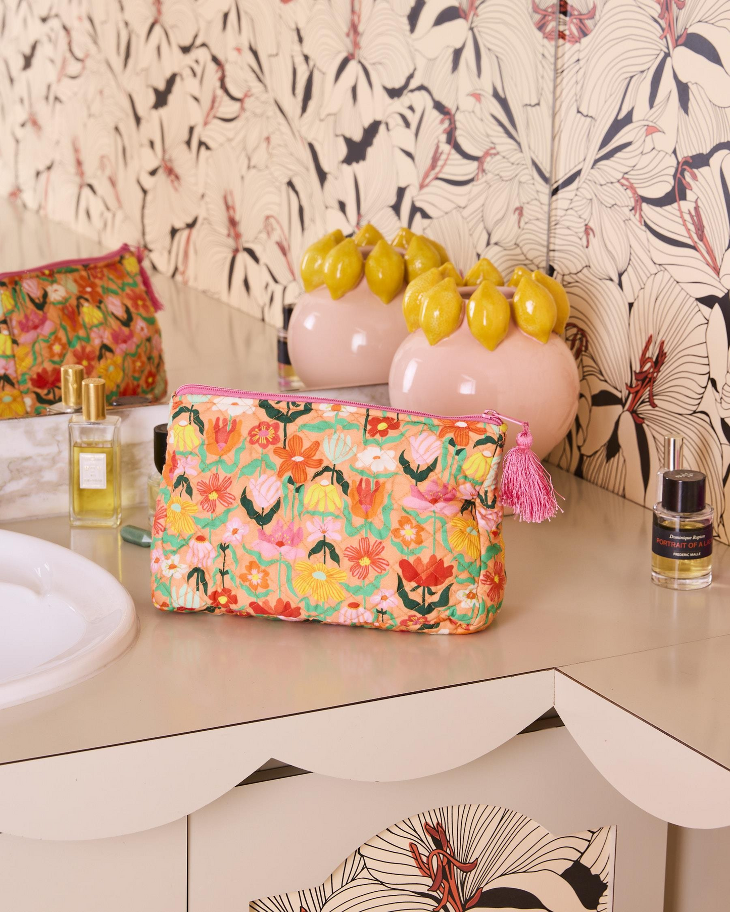 Kip and Co Popping Flowers Peach Quilted Cotton Toiletry Purse