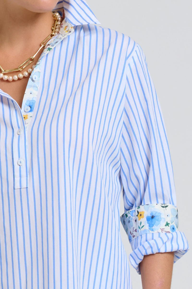 Shirty Popover Shirtdress - White with Blue Stripe Floral Trim