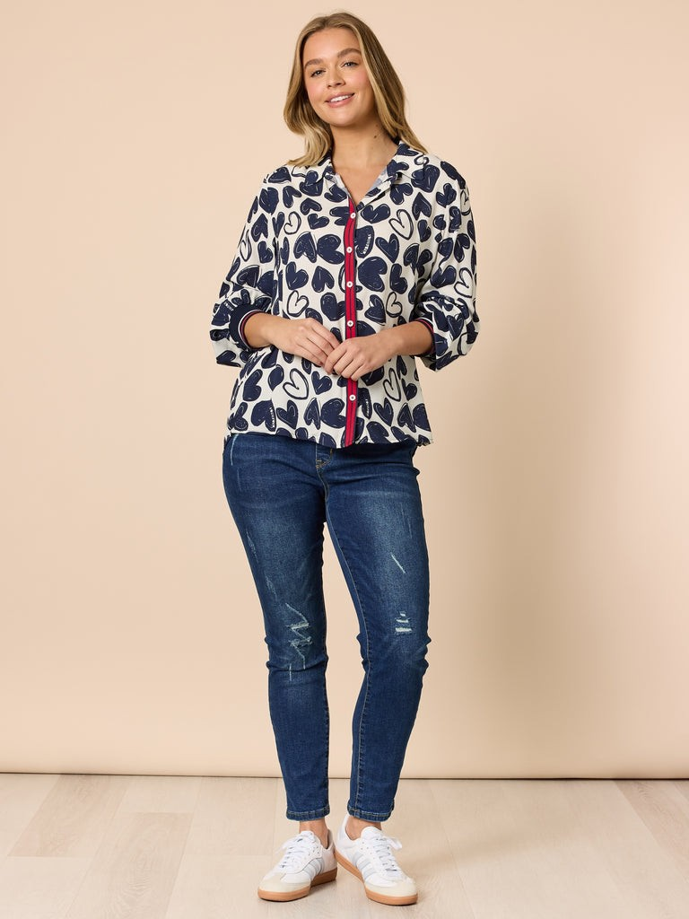 Threadz Luna Heart Print Shirt - Navy/ Ivory