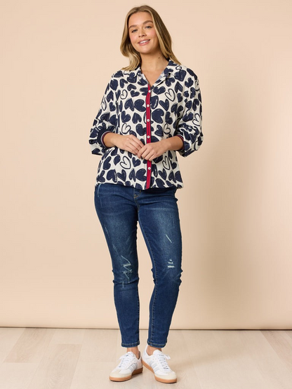 Threadz Luna Heart Print Shirt - Navy/ Ivory