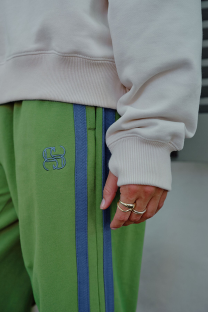 wide leg cotton trackpants pistachio with navy side stripe | Sterling Belle