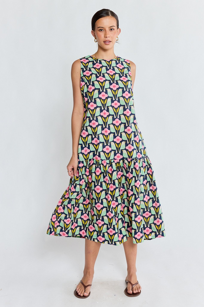 Ibisa Maya Sleeveless Dress in Navy with Pink Flowers and Green Birds Print