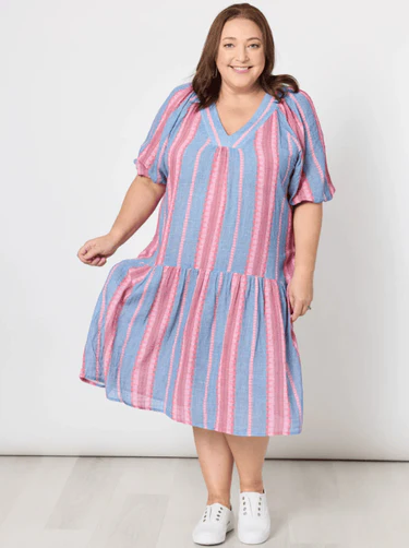 Threadz Bloom Stripe Dress Indigo Pink