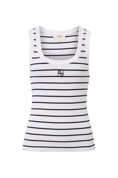 Ceres Life Zoe Contour Rib Scoop Tank - White/New Navy monogram embroidery