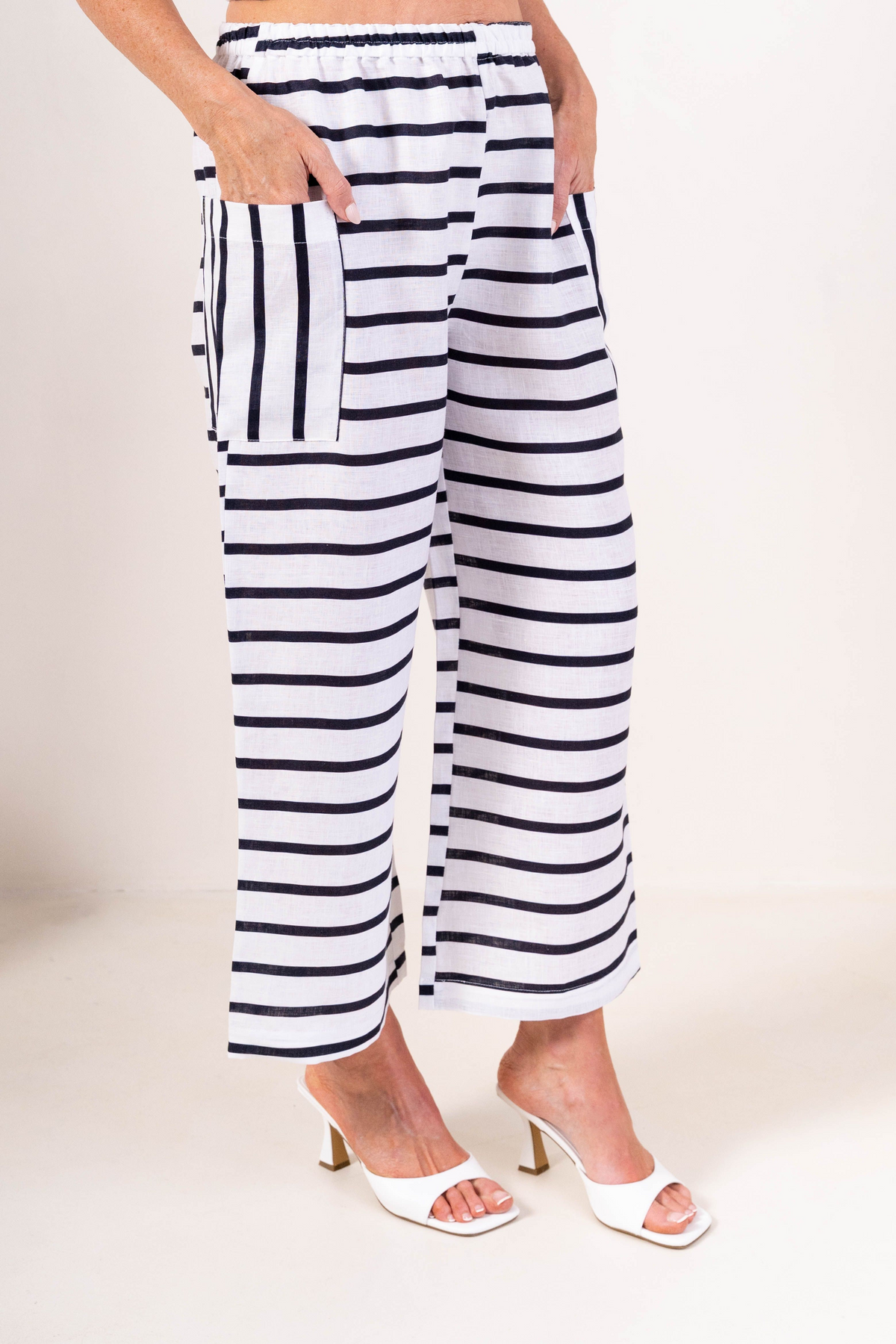 See Saw 100% Linen Elastic Waist - Navy/White Stripe 