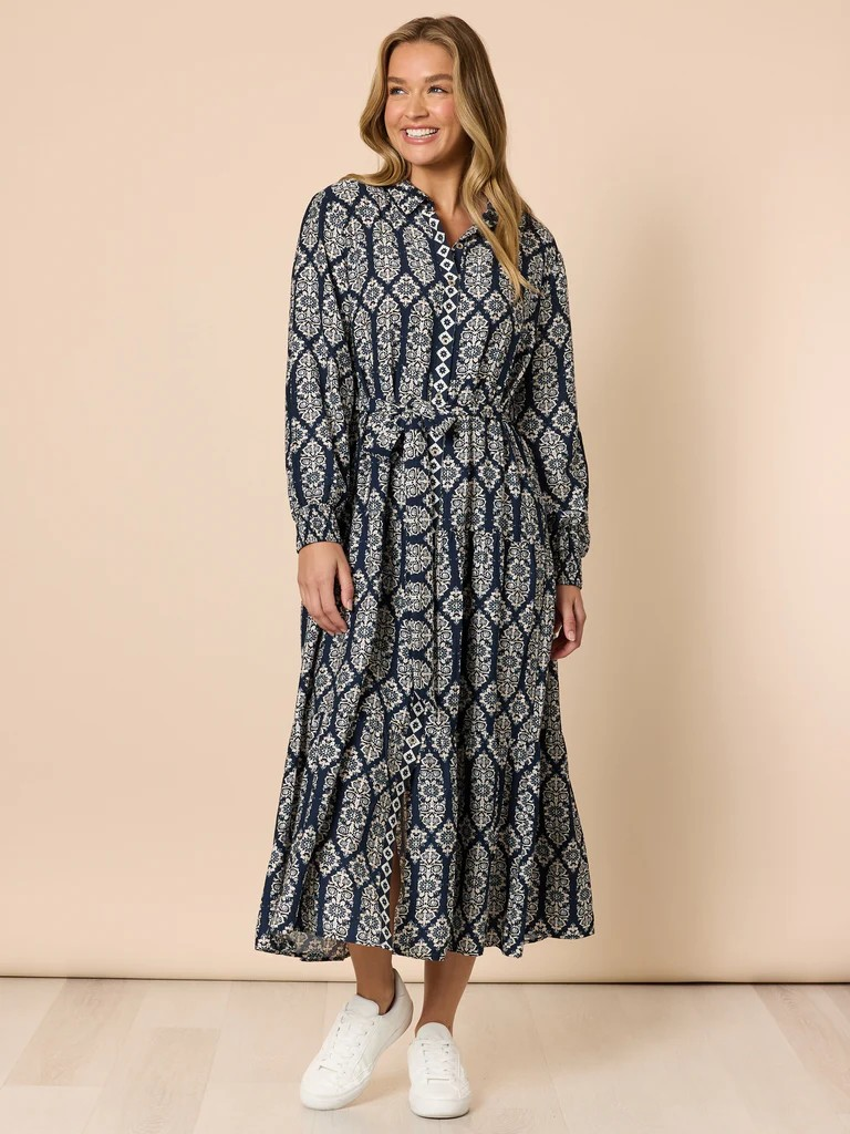Threadz Lola Print Shirt Dress - Navy/White